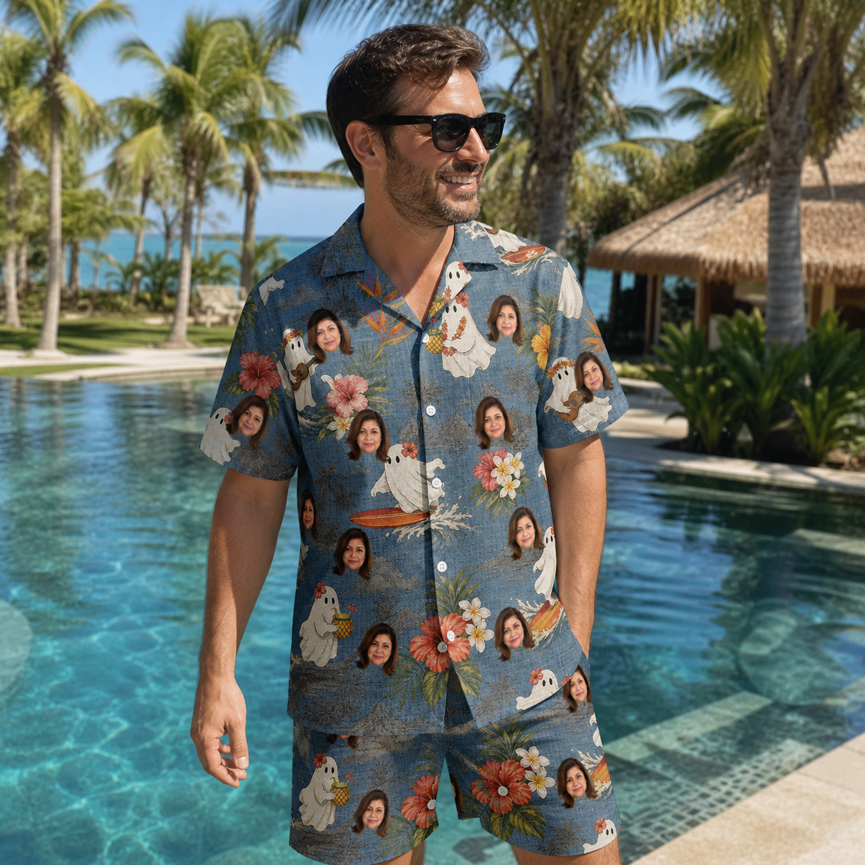 Real-life photo of someone wearing Men's Ectoplasm Eccentrics Custom Face Shirt & Shorts Set — custom faces printed all-over