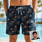 Man wearing Men's Grim Gridwork Custom Face Beach Shorts — custom faces printed all-over