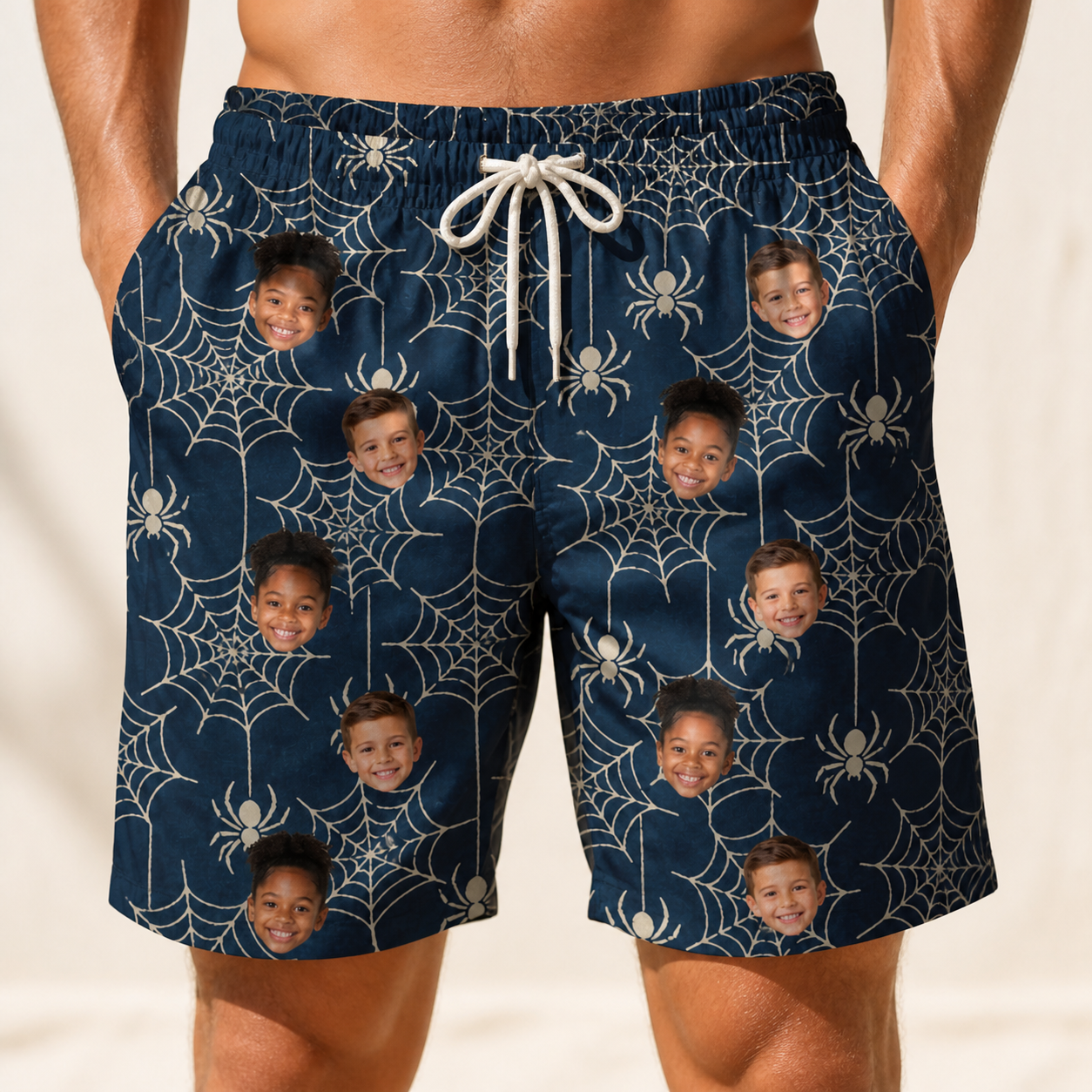 Model wearing Men's Grim Gridwork Custom Face Beach Shorts printed with kids' faces