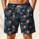 Model wearing Men's Grim Gridwork Custom Face Beach Shorts printed with kids' faces