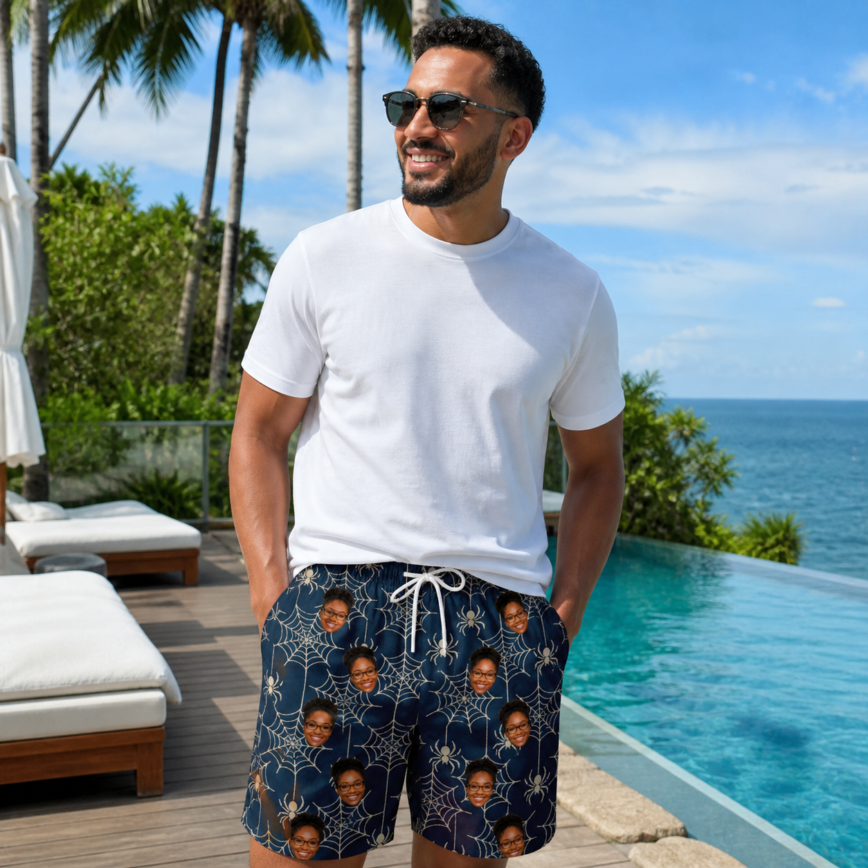Real-life photo of someone wearing Men's Grim Gridwork Custom Face Beach Shorts — custom faces printed all-over