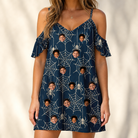 Model wearing Women's Grim Gridwork Custom Face Off-Shoulder Dress printed with kids' faces
