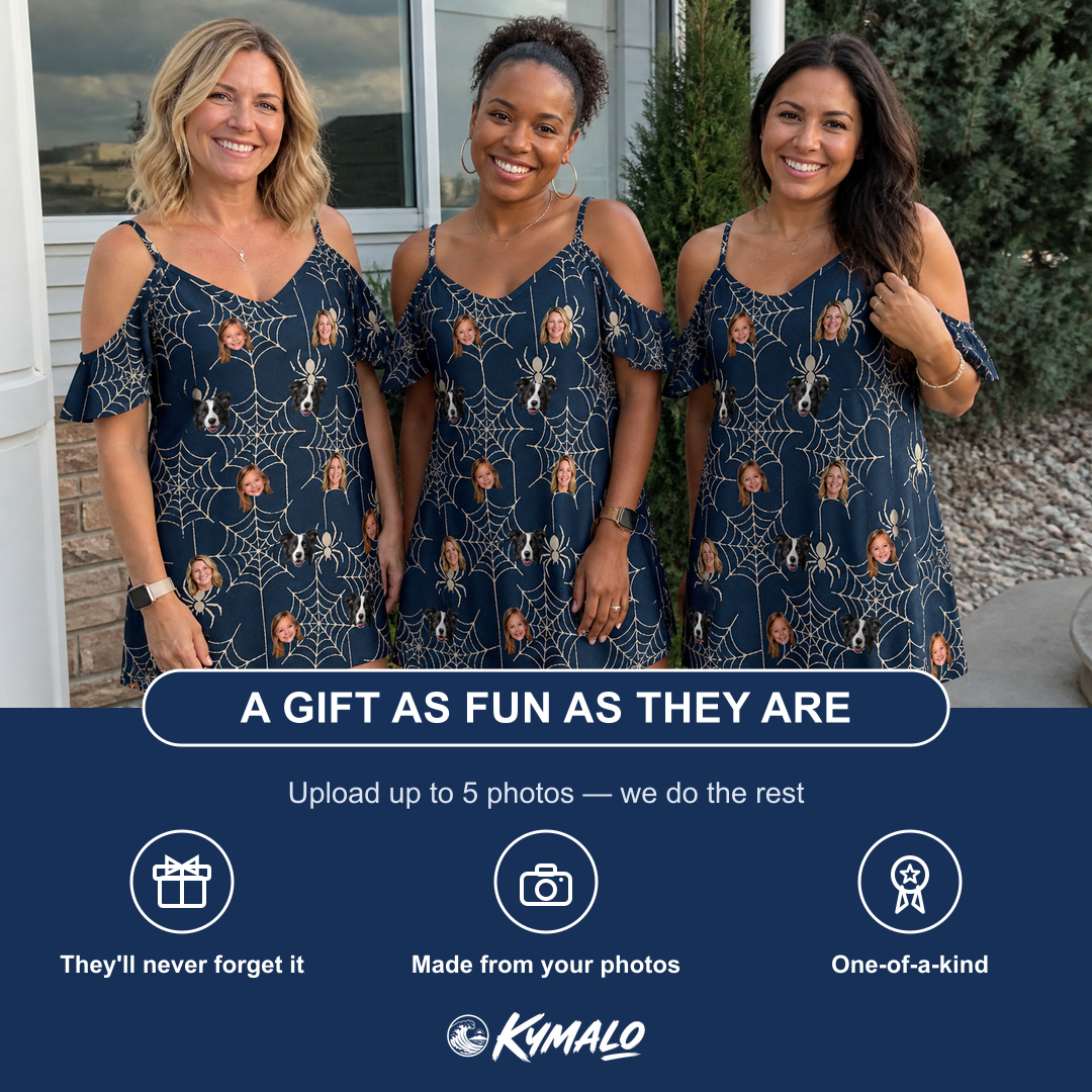 Friends in matching Women's Grim Gridwork Custom Face Off-Shoulder Dress — a group gift photo