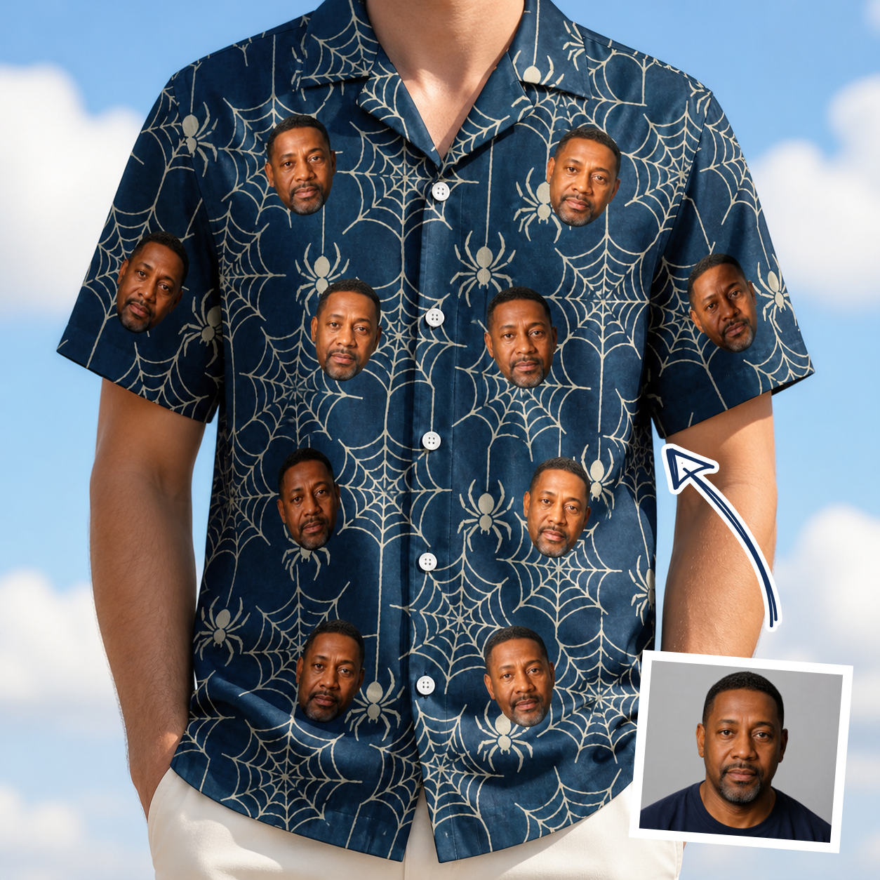 Man wearing Men's Grim Gridwork Custom Face Hawaiian Shirt — custom faces printed all-over