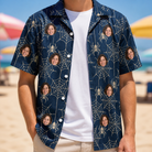 Man wearing Men's Grim Gridwork Custom Face Hawaiian Shirt open over a white tee