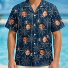 Model wearing Men's Grim Gridwork Custom Face Hawaiian Shirt printed with kids' faces