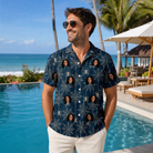 Real-life photo of someone wearing Men's Grim Gridwork Custom Face Hawaiian Shirt — custom faces printed all-over