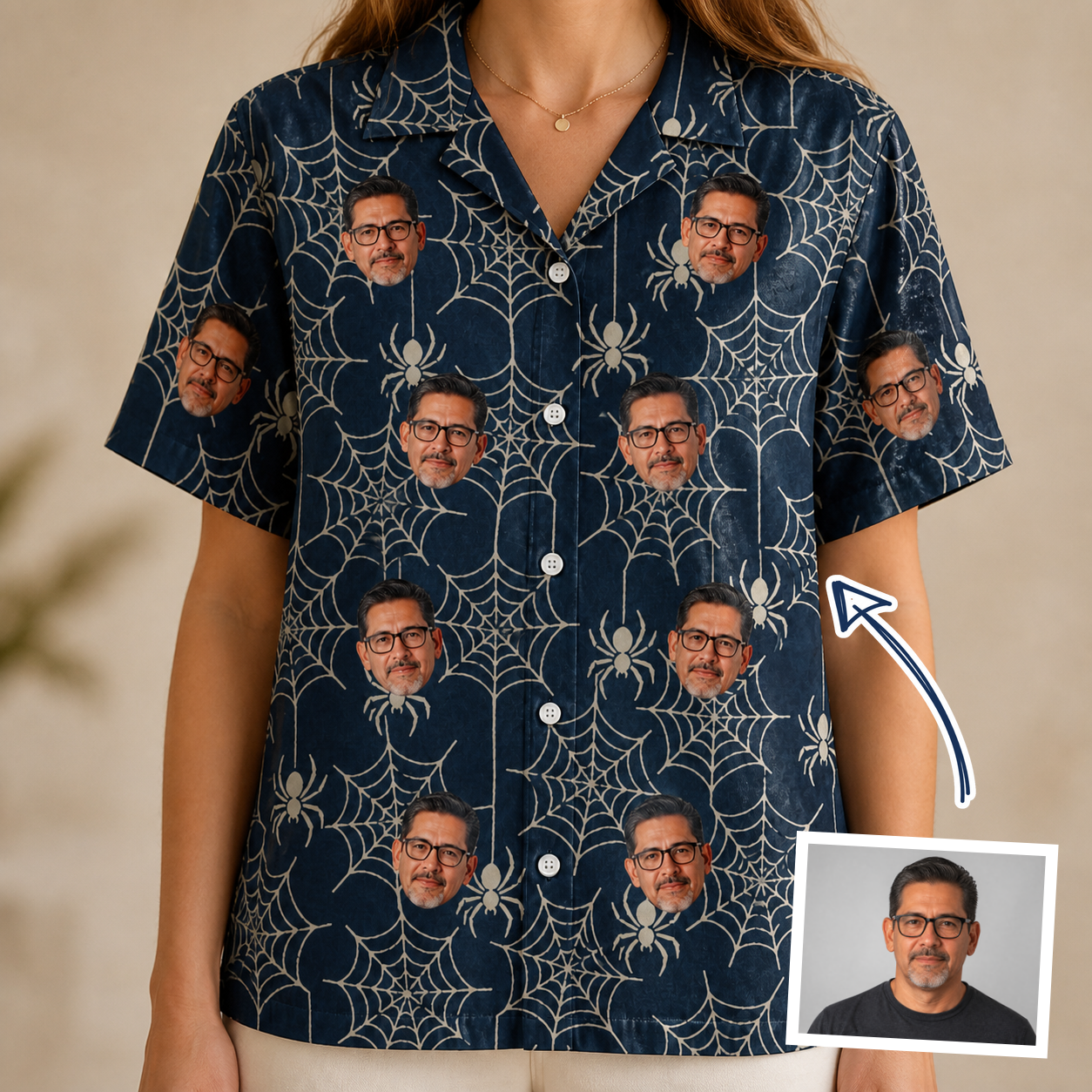 Woman wearing Women's Grim Gridwork Custom Face Hawaiian Shirt — custom faces printed all-over