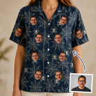 Woman wearing Women's Grim Gridwork Custom Face Hawaiian Shirt — custom faces printed all-over