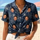 Woman wearing Women's Grim Gridwork Custom Face Hawaiian Shirt tied at the waist