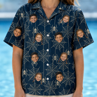 Model wearing Women's Grim Gridwork Custom Face Hawaiian Shirt printed with kids' faces