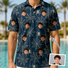 Man wearing Men's Grim Gridwork Custom Face Polo Shirt — custom faces printed all-over