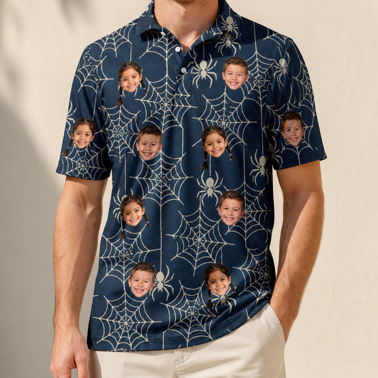 Model wearing Men's Grim Gridwork Custom Face Polo Shirt printed with kids' faces