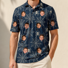 Model wearing Men's Grim Gridwork Custom Face Polo Shirt printed with kids' faces