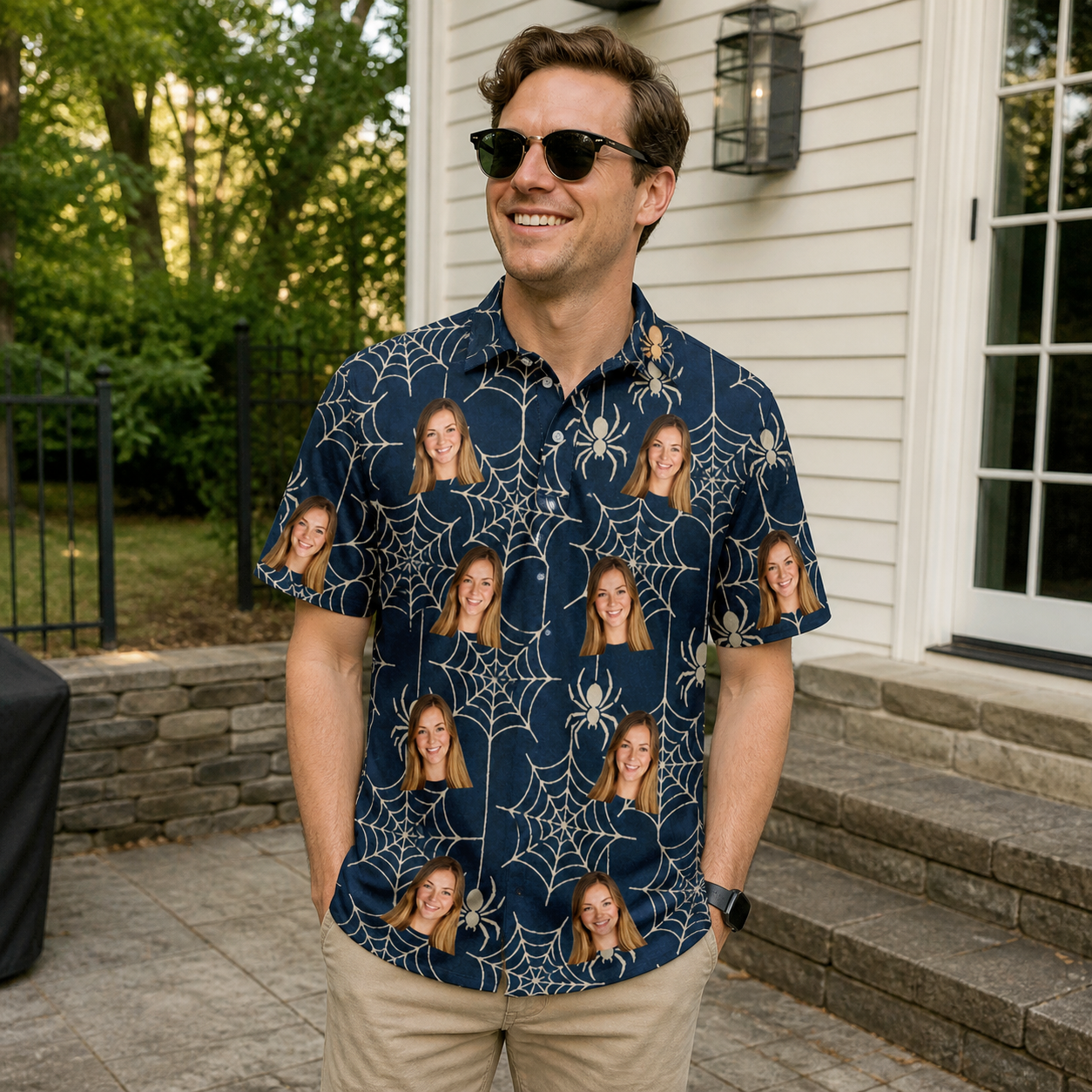 Real-life photo of someone wearing Men's Grim Gridwork Custom Face Polo Shirt — custom faces printed all-over