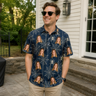 Real-life photo of someone wearing Men's Grim Gridwork Custom Face Polo Shirt — custom faces printed all-over