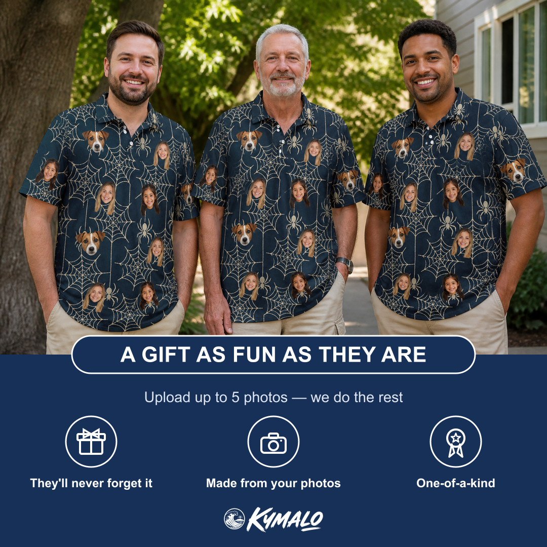 Friends in matching Men's Grim Gridwork Custom Face Polo Shirt — a group gift photo