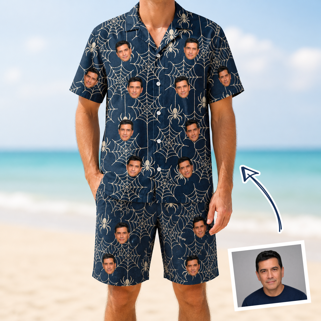 Man wearing Men's Grim Gridwork Custom Face Shirt & Shorts Set — custom faces printed all-over