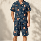 Model wearing Men's Grim Gridwork Custom Face Shirt & Shorts Set printed with kids' faces