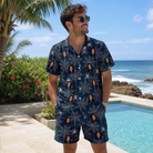 Real-life photo of someone wearing Men's Grim Gridwork Custom Face Shirt & Shorts Set — custom faces printed all-over
