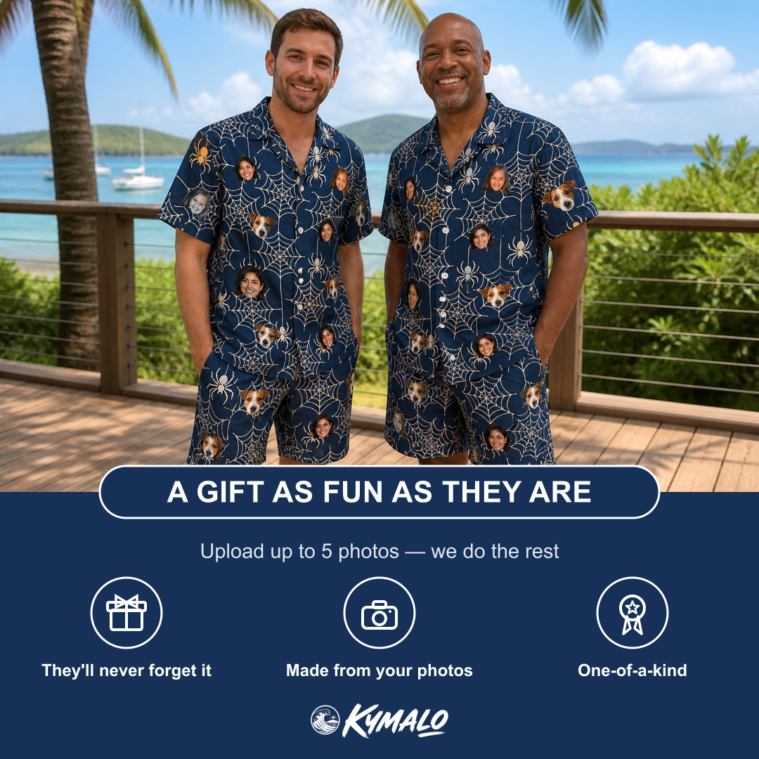 Friends in matching Men's Grim Gridwork Custom Face Shirt & Shorts Set — a group gift photo