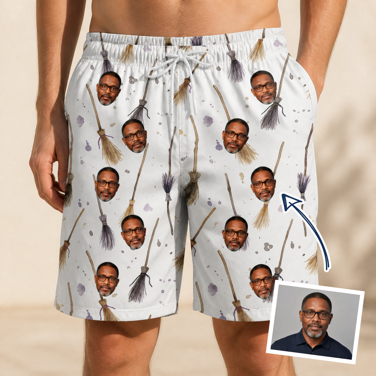 Man wearing Men's Cackle Commuters Custom Face Beach Shorts — custom faces printed all-over