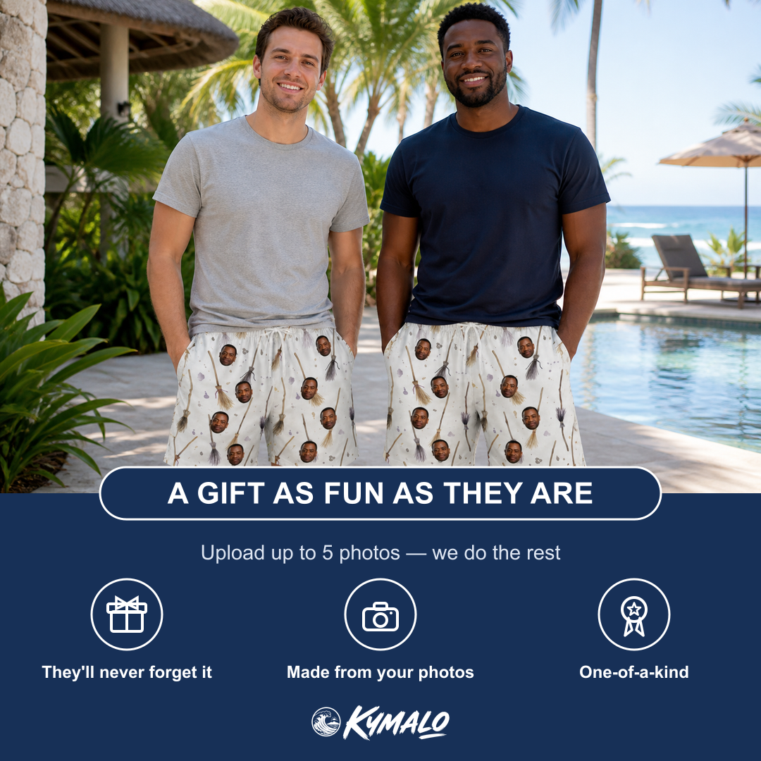 Friends in matching Men's Cackle Commuters Custom Face Beach Shorts — a group gift photo