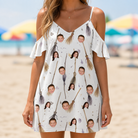 Model wearing Women's Cackle Commuters Custom Face Off-Shoulder Dress printed with kids' faces