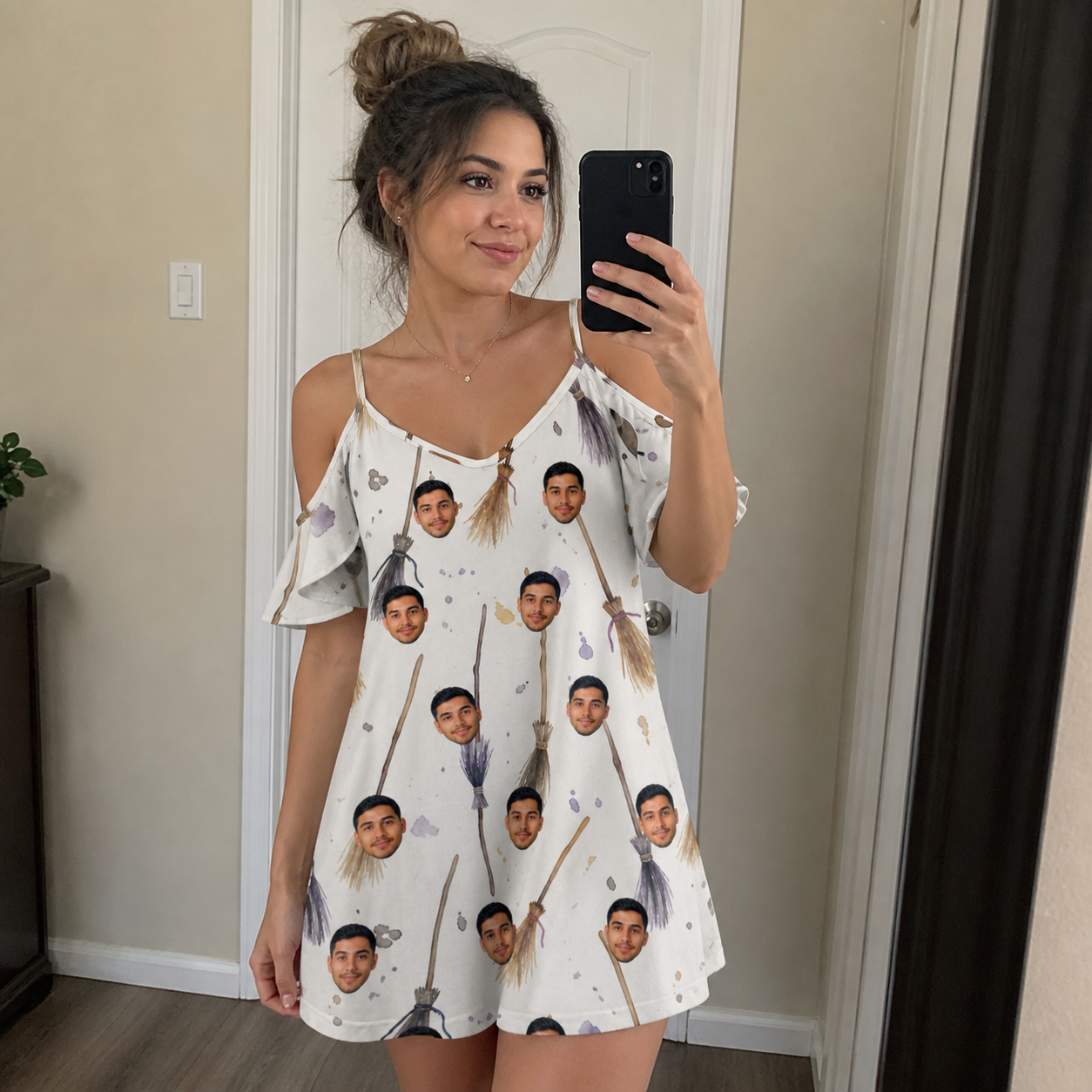 Real-life photo of someone wearing Women's Cackle Commuters Custom Face Off-Shoulder Dress — custom faces printed all-over