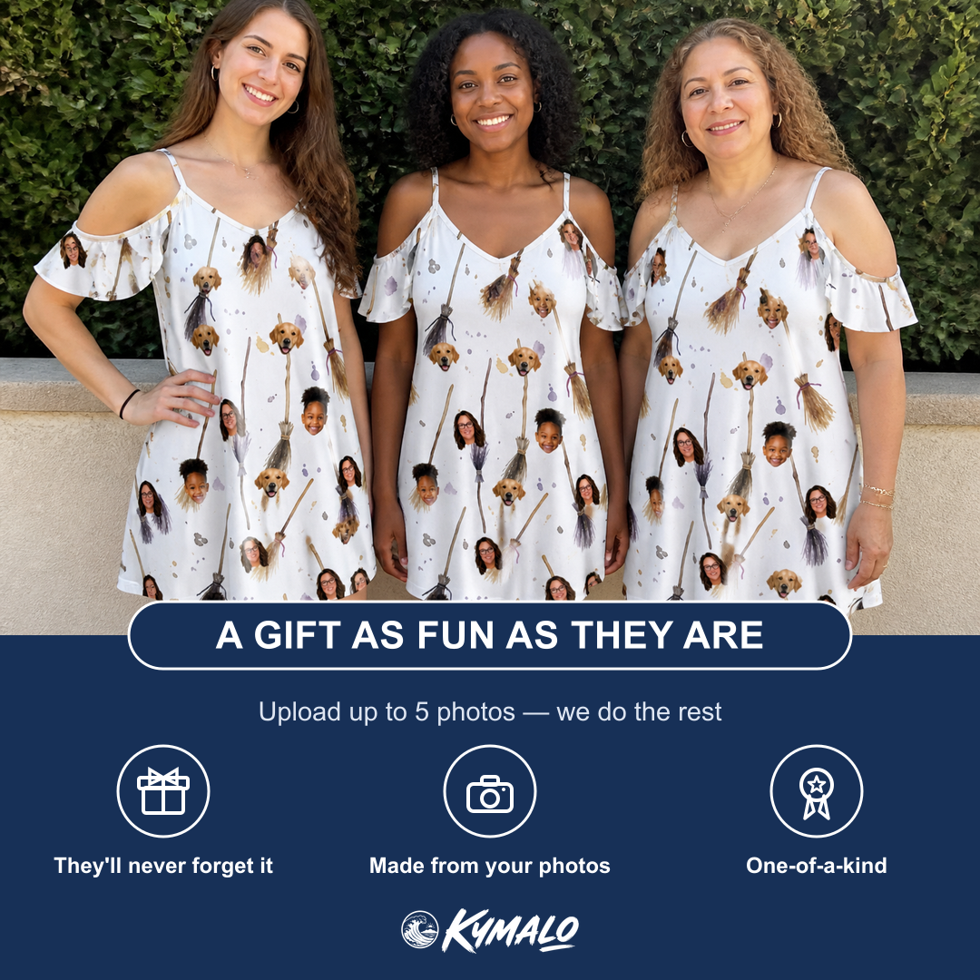 Friends in matching Women's Cackle Commuters Custom Face Off-Shoulder Dress — a group gift photo