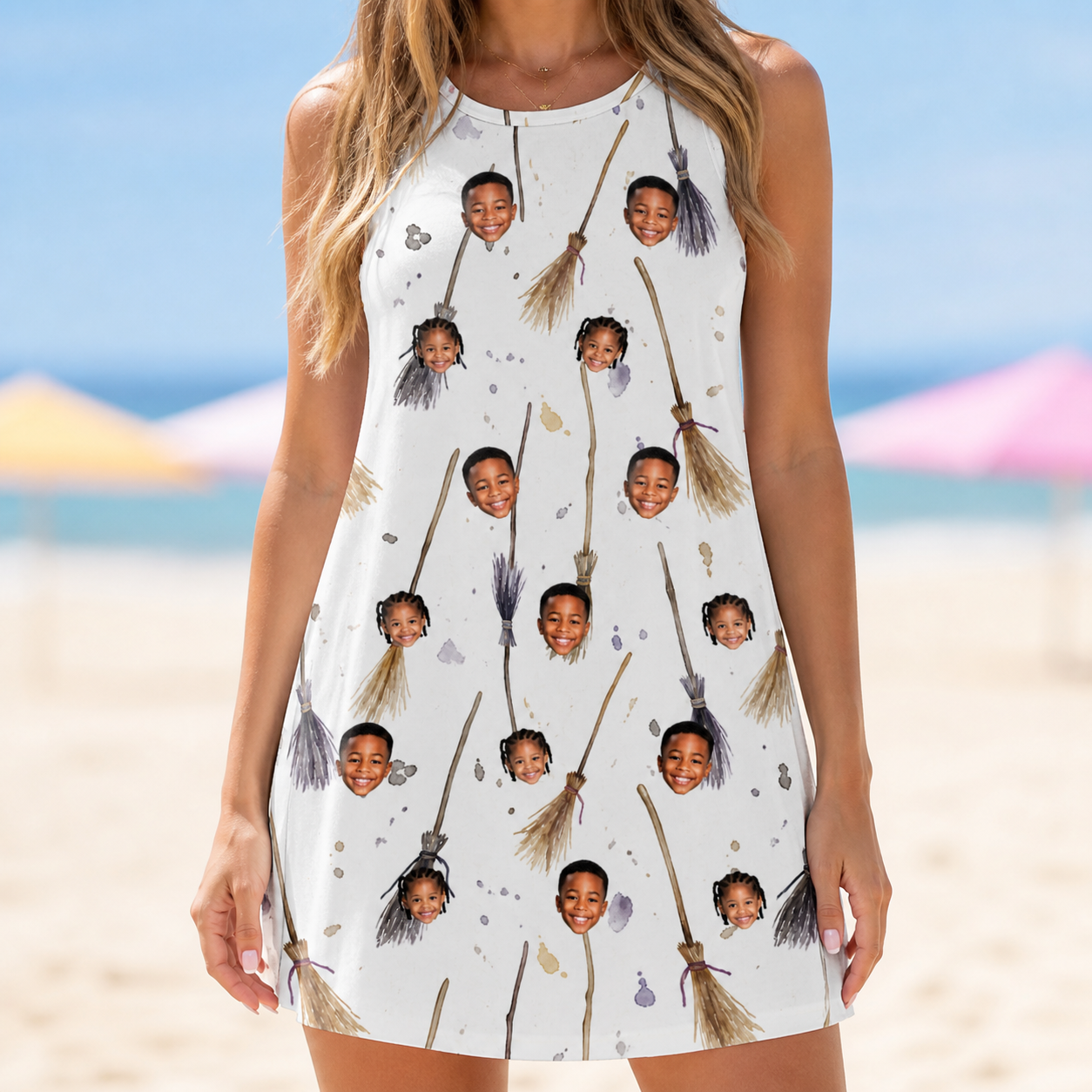 Model wearing Women's Cackle Commuters Custom Face Tank Dress printed with kids' faces