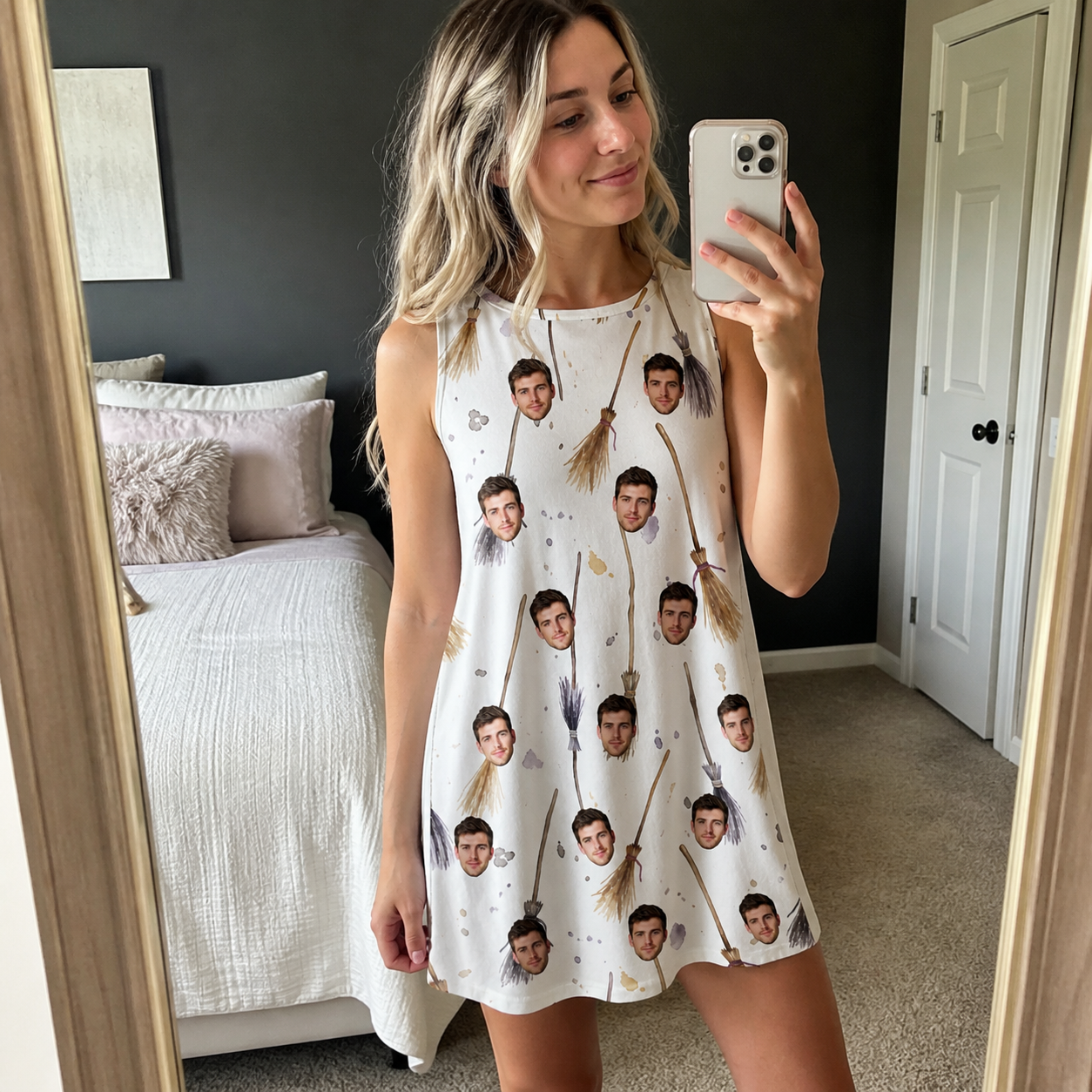 Real-life photo of someone wearing Women's Cackle Commuters Custom Face Tank Dress — custom faces printed all-over