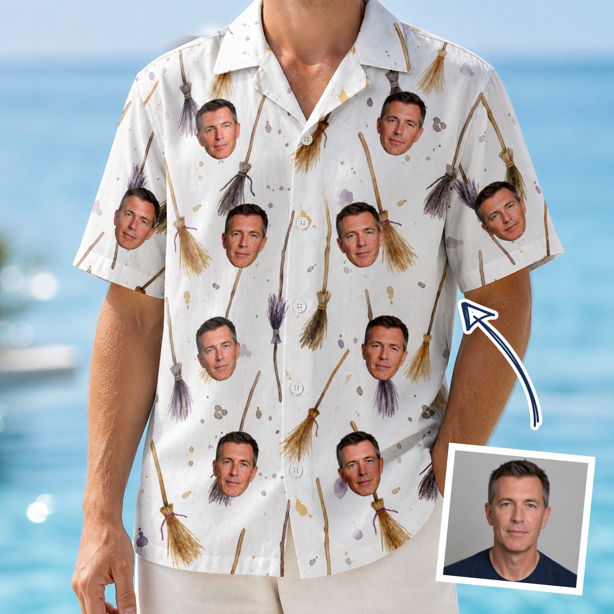 Man wearing Men's Cackle Commuters Custom Face Hawaiian Shirt — custom faces printed all-over