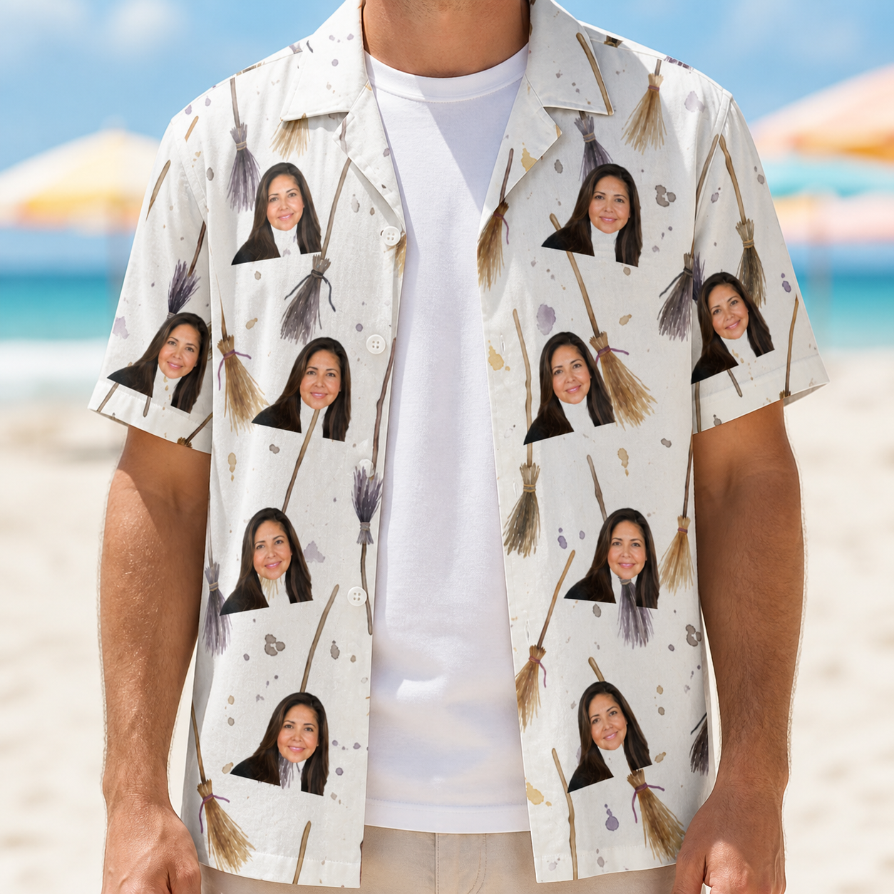 Man wearing Men's Cackle Commuters Custom Face Hawaiian Shirt open over a white tee