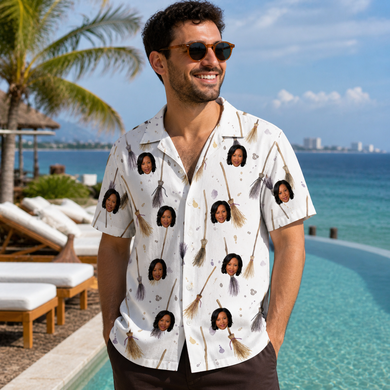 Real-life photo of someone wearing Men's Cackle Commuters Custom Face Hawaiian Shirt — custom faces printed all-over