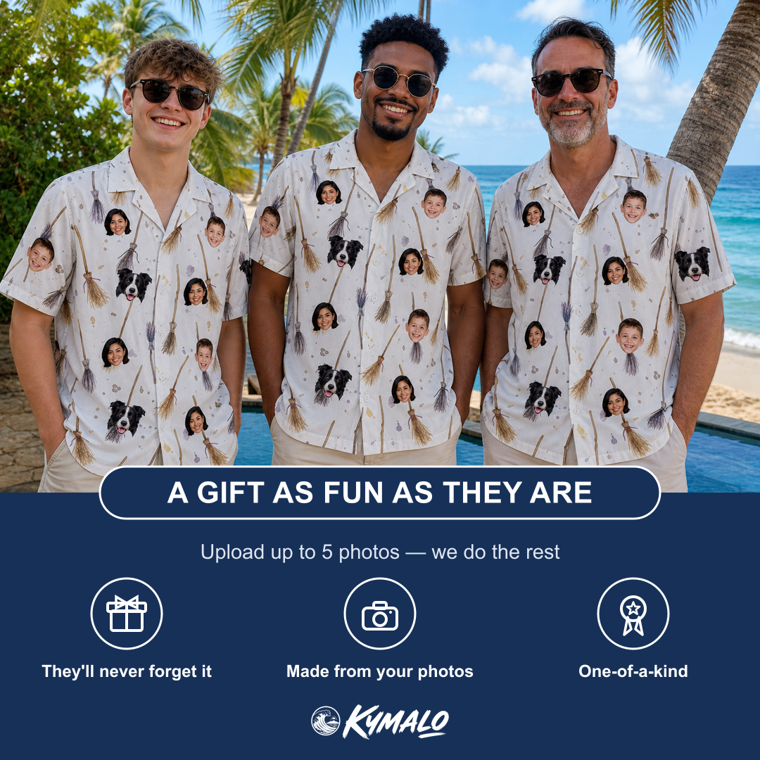 Friends in matching Men's Cackle Commuters Custom Face Hawaiian Shirt — a group gift photo