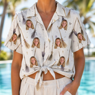 Woman wearing Women's Cackle Commuters Custom Face Hawaiian Shirt tied at the waist
