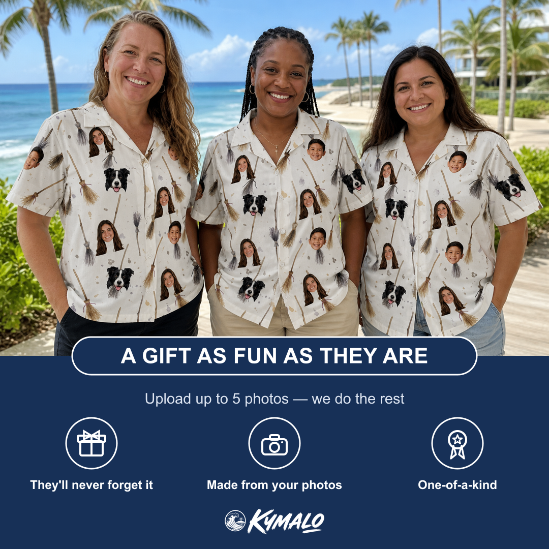 Friends in matching Women's Cackle Commuters Custom Face Hawaiian Shirt — a group gift photo