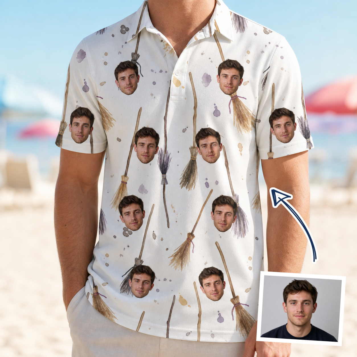 Man wearing Men's Cackle Commuters Custom Face Polo Shirt — custom faces printed all-over