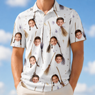 Model wearing Men's Cackle Commuters Custom Face Polo Shirt printed with kids' faces