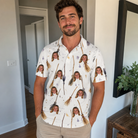 Real-life photo of someone wearing Men's Cackle Commuters Custom Face Polo Shirt — custom faces printed all-over