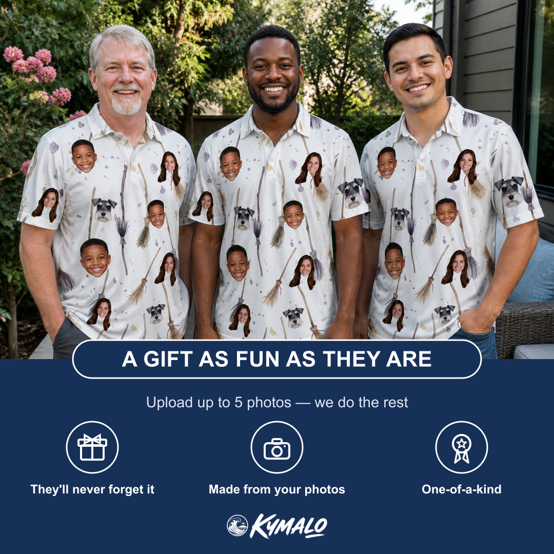 Friends in matching Men's Cackle Commuters Custom Face Polo Shirt — a group gift photo