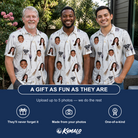Friends in matching Men's Cackle Commuters Custom Face Polo Shirt — a group gift photo