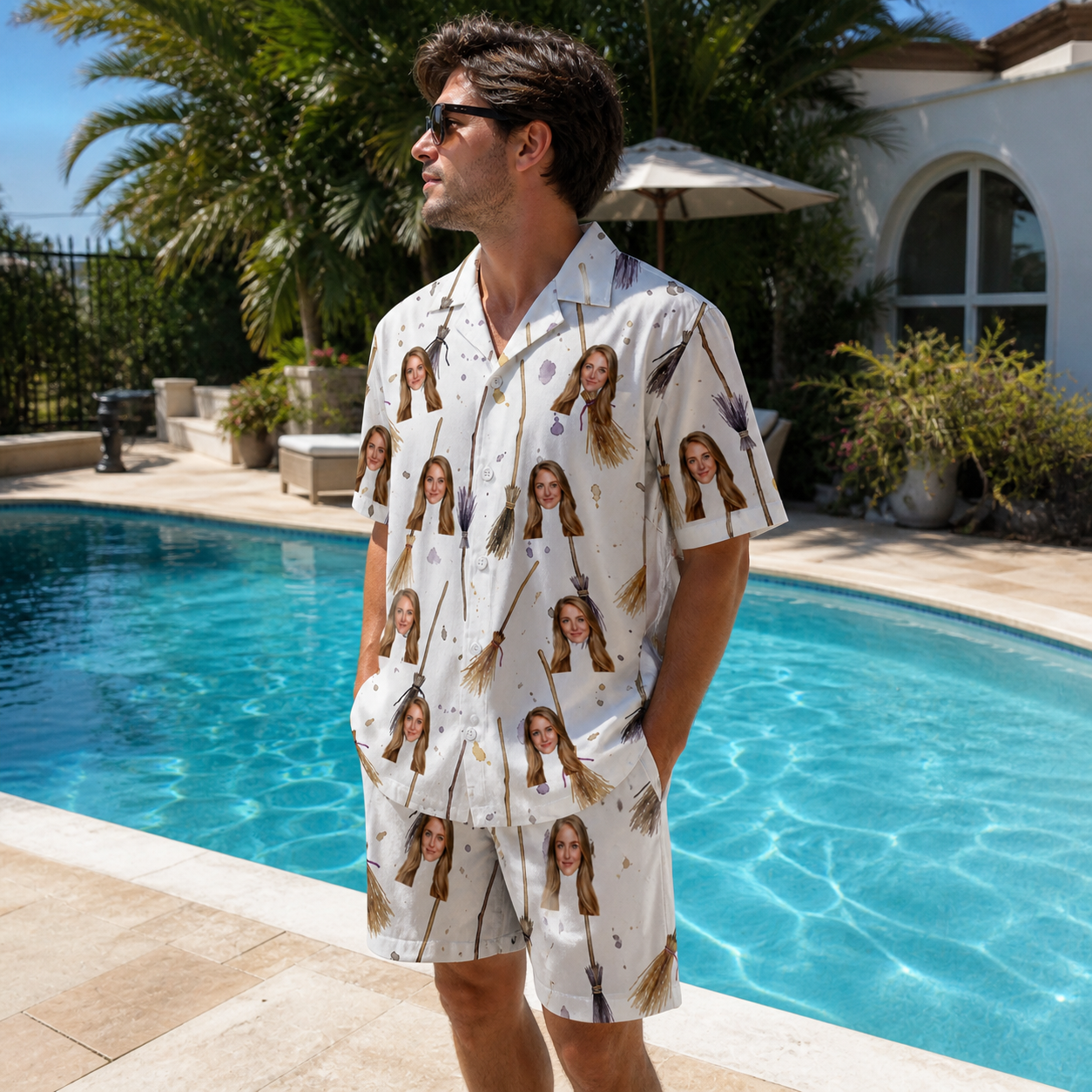 Real-life photo of someone wearing Men's Cackle Commuters Custom Face Shirt & Shorts Set — custom faces printed all-over