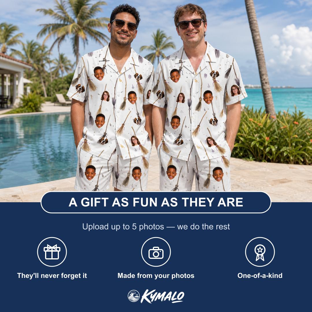 Friends in matching Men's Cackle Commuters Custom Face Shirt & Shorts Set — a group gift photo