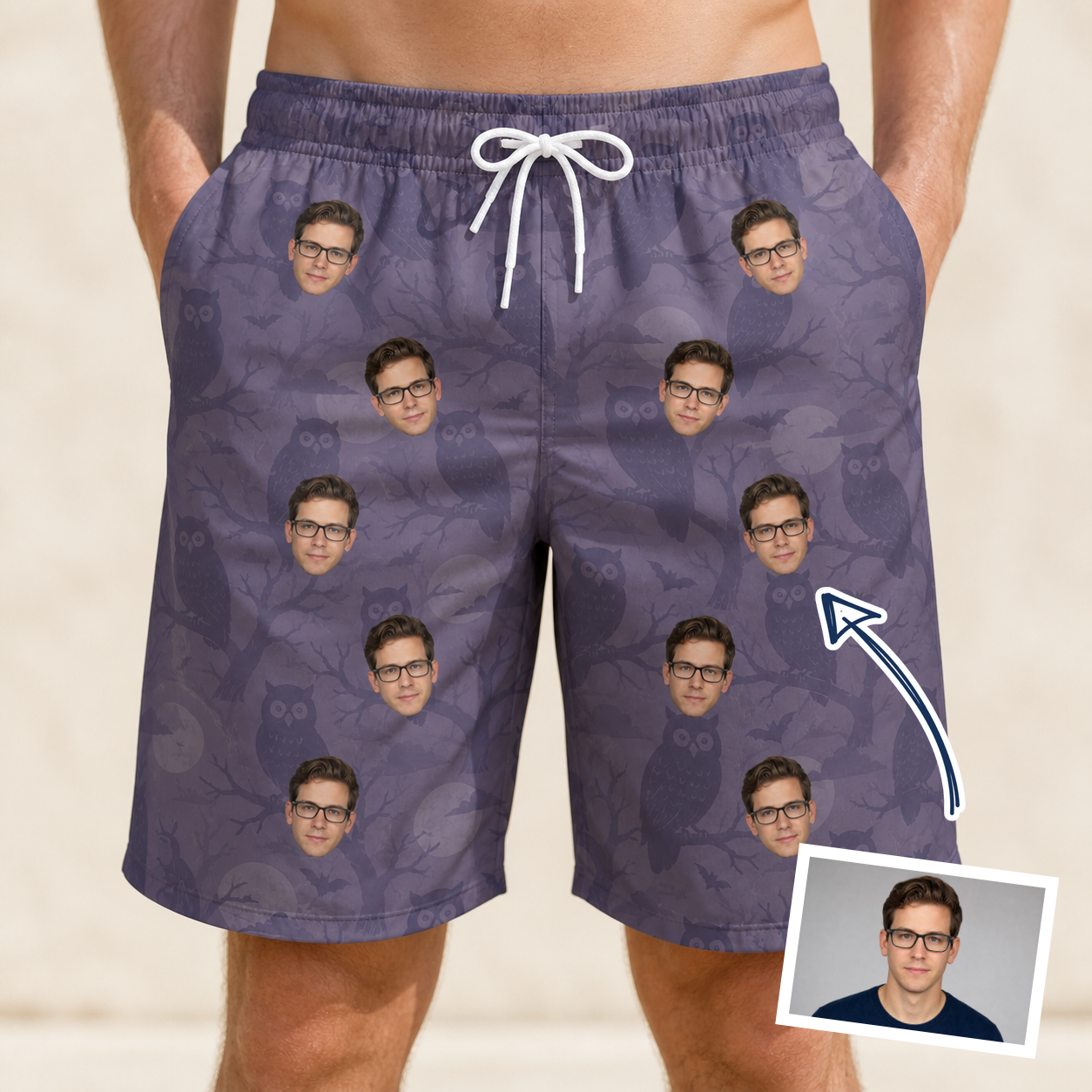 Man wearing Men's Eerie Eyries Custom Face Beach Shorts — custom faces printed all-over