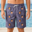 Model wearing Men's Eerie Eyries Custom Face Beach Shorts printed with kids' faces