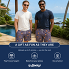 Friends in matching Men's Eerie Eyries Custom Face Beach Shorts — a group gift photo