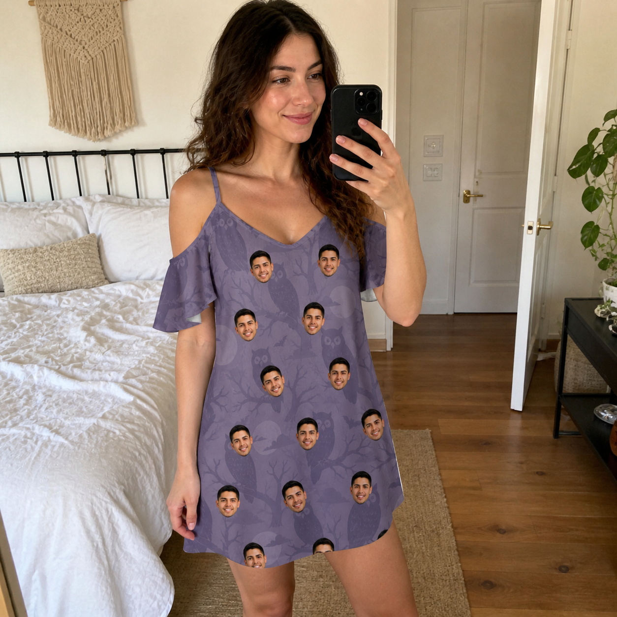 Real-life photo of someone wearing Women's Eerie Eyries Custom Face Off-Shoulder Dress — custom faces printed all-over