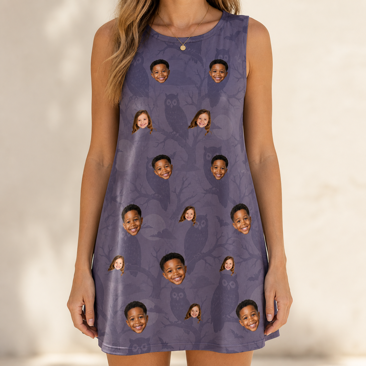 Model wearing Women's Eerie Eyries Custom Face Tank Dress printed with kids' faces